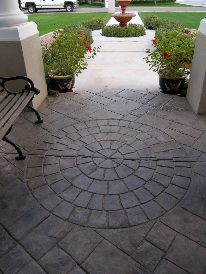 A shaded passage opens toward a landscaped courtyard.