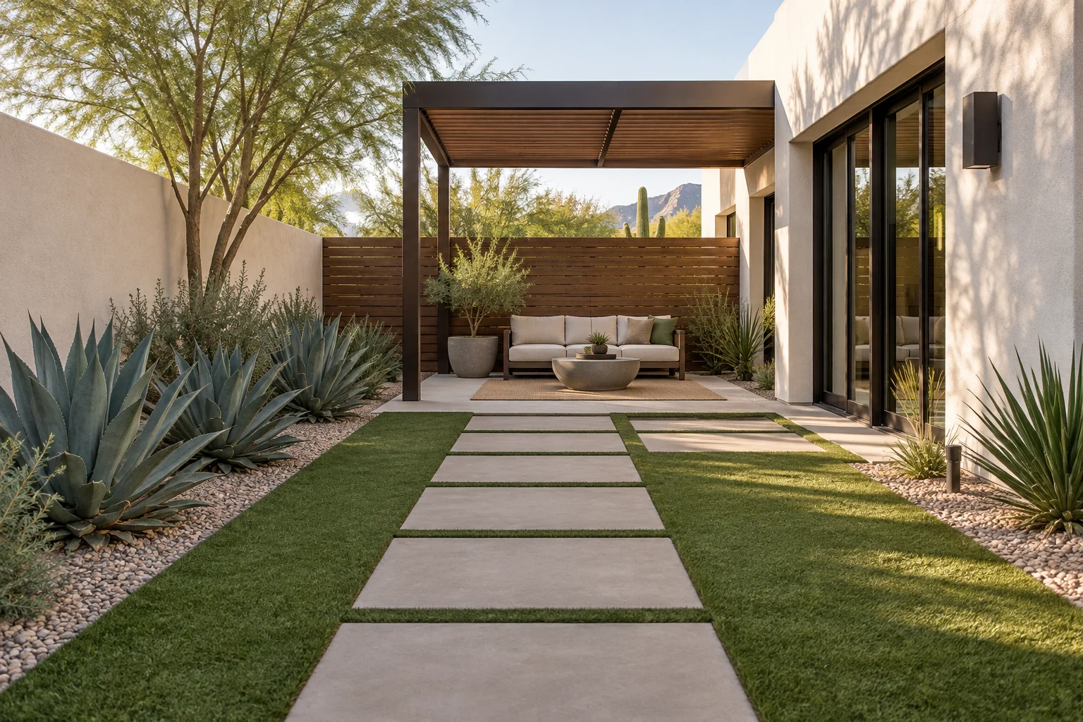 Stepping pavers with turf in a warm-toned courtyard. Design illustration.