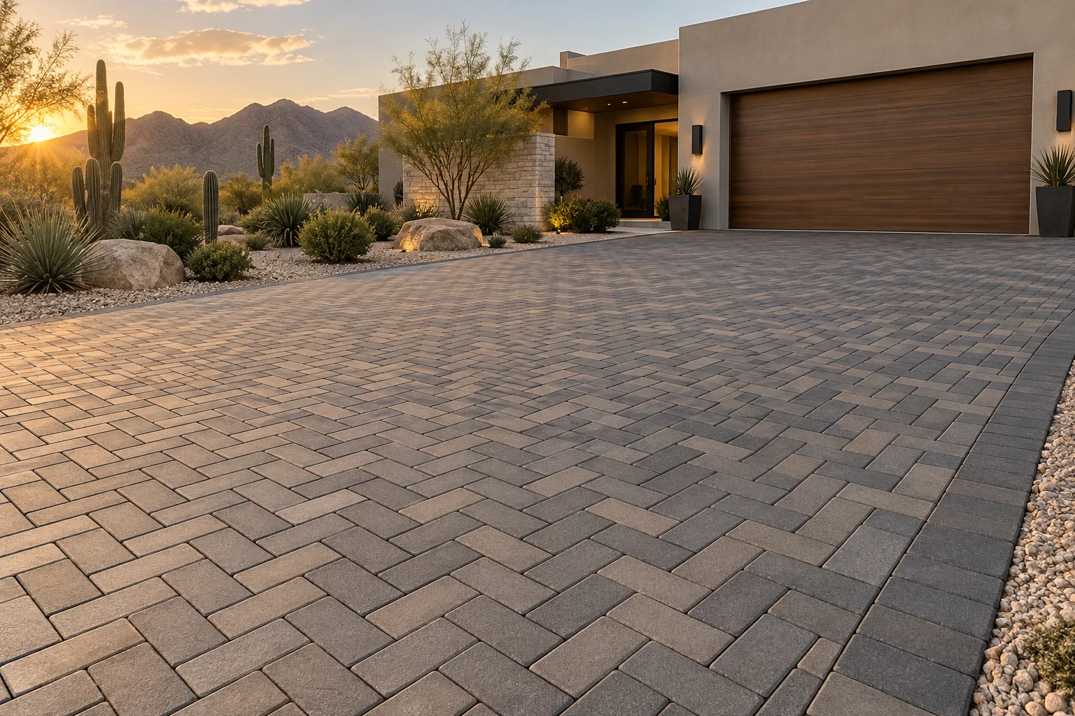 Herringbone concrete paver driveway beside a desert home. Design illustration.