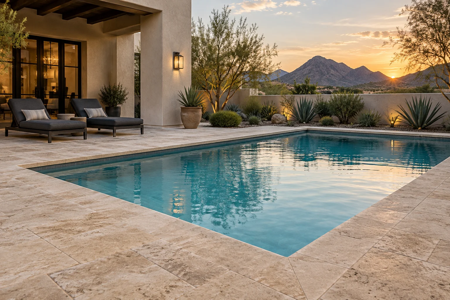 Light natural stone paving surrounding a swimming pool. Design illustration.
